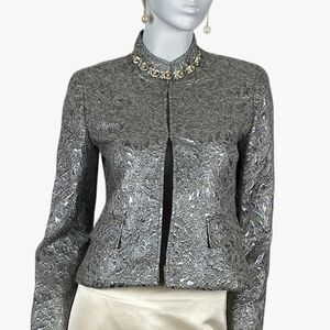 Silver Jacquard Jacket Blazer Gray Metallic Brocade Mandarin Collar Evening